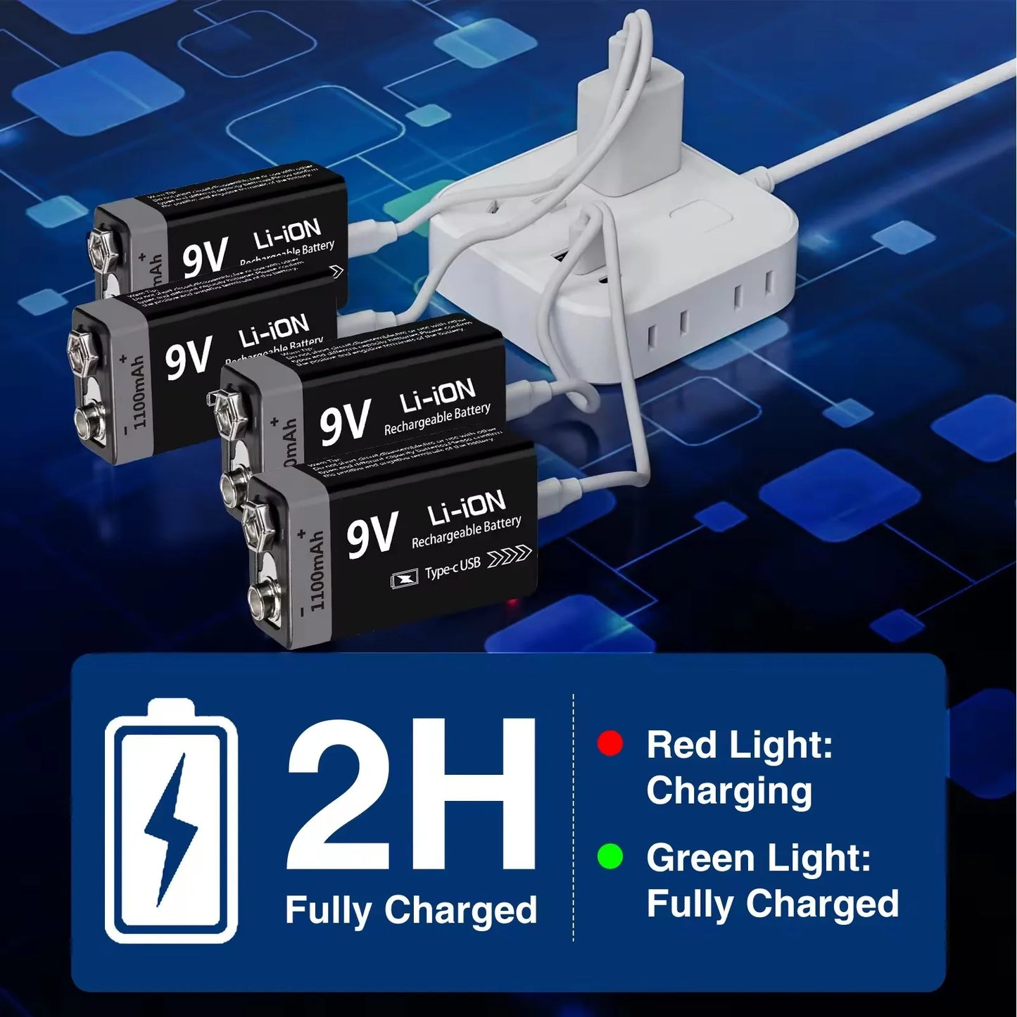 USB-C Rechargeable 9V Battery 1100mAh - Li-ion 6F22 for RC Models, Multimeters & Electronics