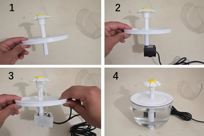 Step-by-step assembly of a white mechanical device with a hand holding it.