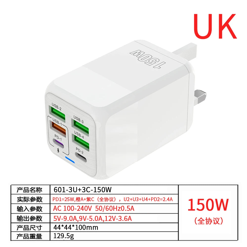 Fast Charger Wall Adapter - 150W, 6 Ports, USB C - TechSavvy