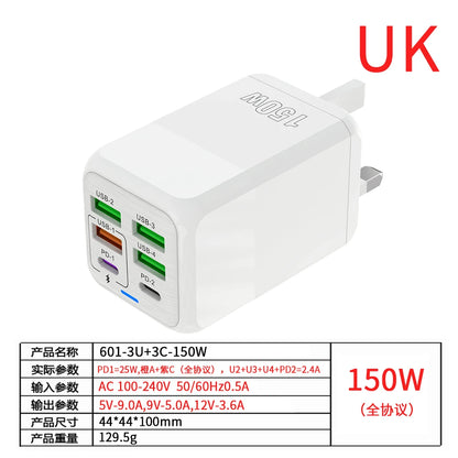 Fast Charger Wall Adapter - 150W, 6 Ports, USB C - TechSavvy