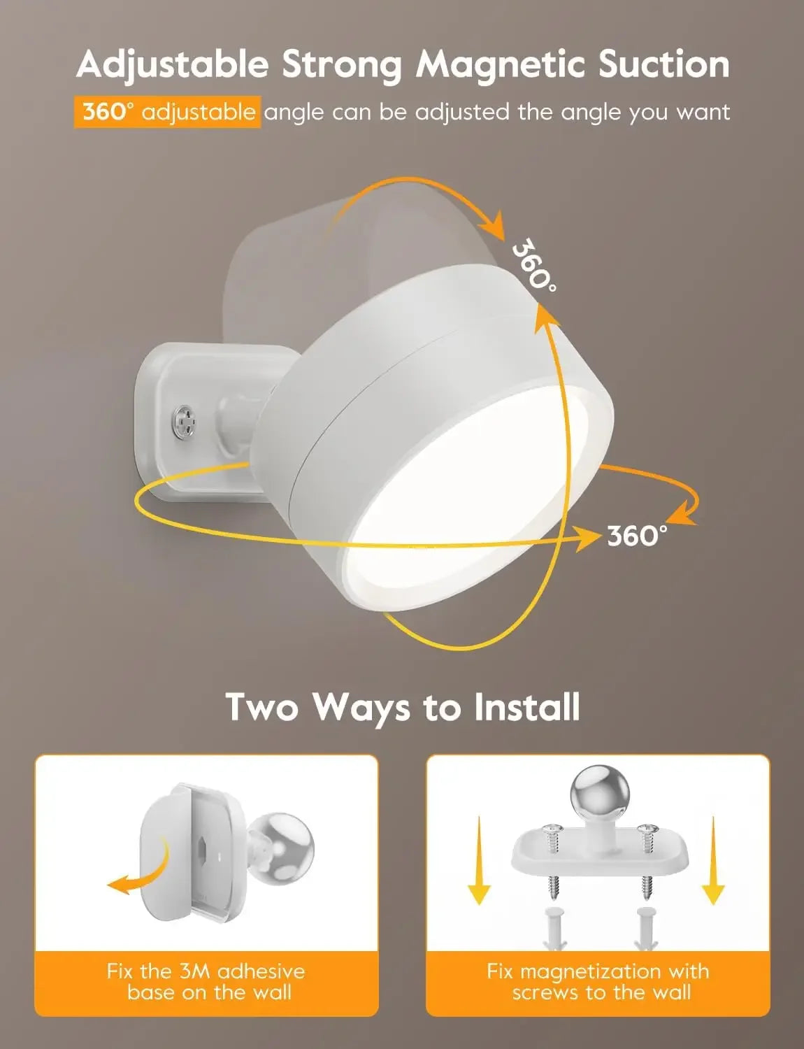 LED Magnetic Wall Sconce Lights - Rechargeable Dimmable with Remote & 360° Rotation