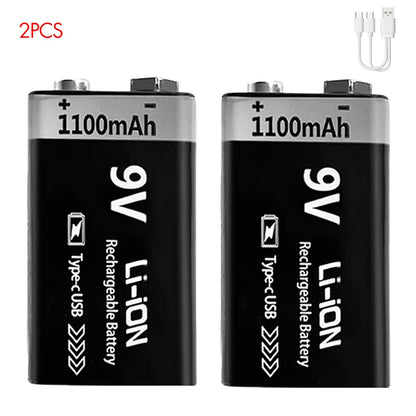 USB-C Rechargeable 9V Battery 1100mAh - Li-ion 6F22 for RC Models, Multimeters & Electronics