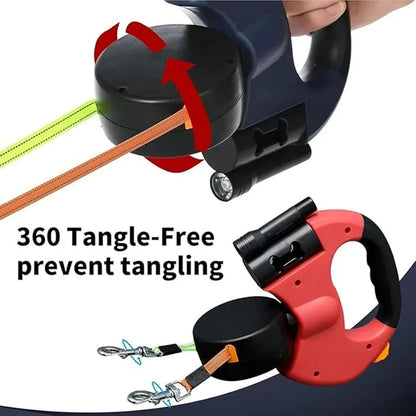 Double Dog Leash with Tangle-Free Swivel & LED Flashlight