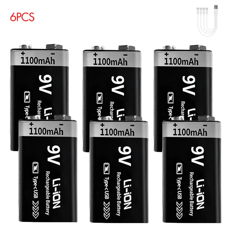 USB-C Rechargeable 9V Battery 1100mAh - Li-ion 6F22 for RC Models, Multimeters & Electronics