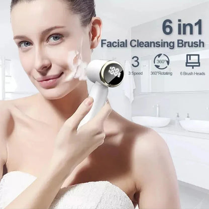 6-in-1 Waterproof Silicone Electric Facial Cleansing Brush - Sonic Pore Cleanser & Exfoliator