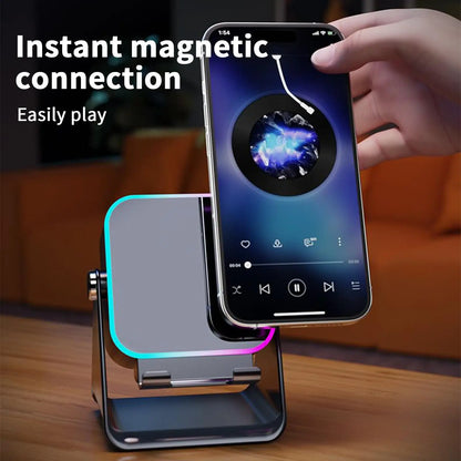 3-in-1 Folding Phone Holder with Wireless Charging, Speaker & LED Light