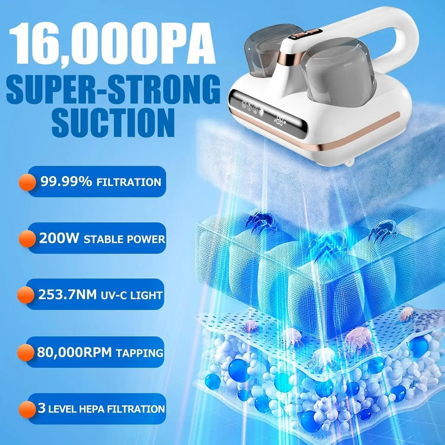 Mattress Vacuum Cleaner - 16kPa Cordless UV-C Handheld for Deep Cleaning