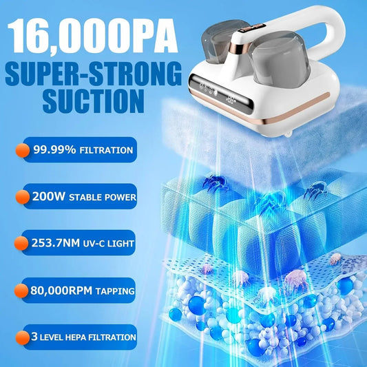 Mattress Vacuum Cleaner - 16kPa Cordless UV-C Handheld for Deep Cleaning