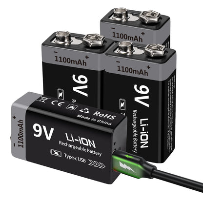 USB-C Rechargeable 9V Battery 1100mAh - Li-ion 6F22 for RC Models, Multimeters & Electronics