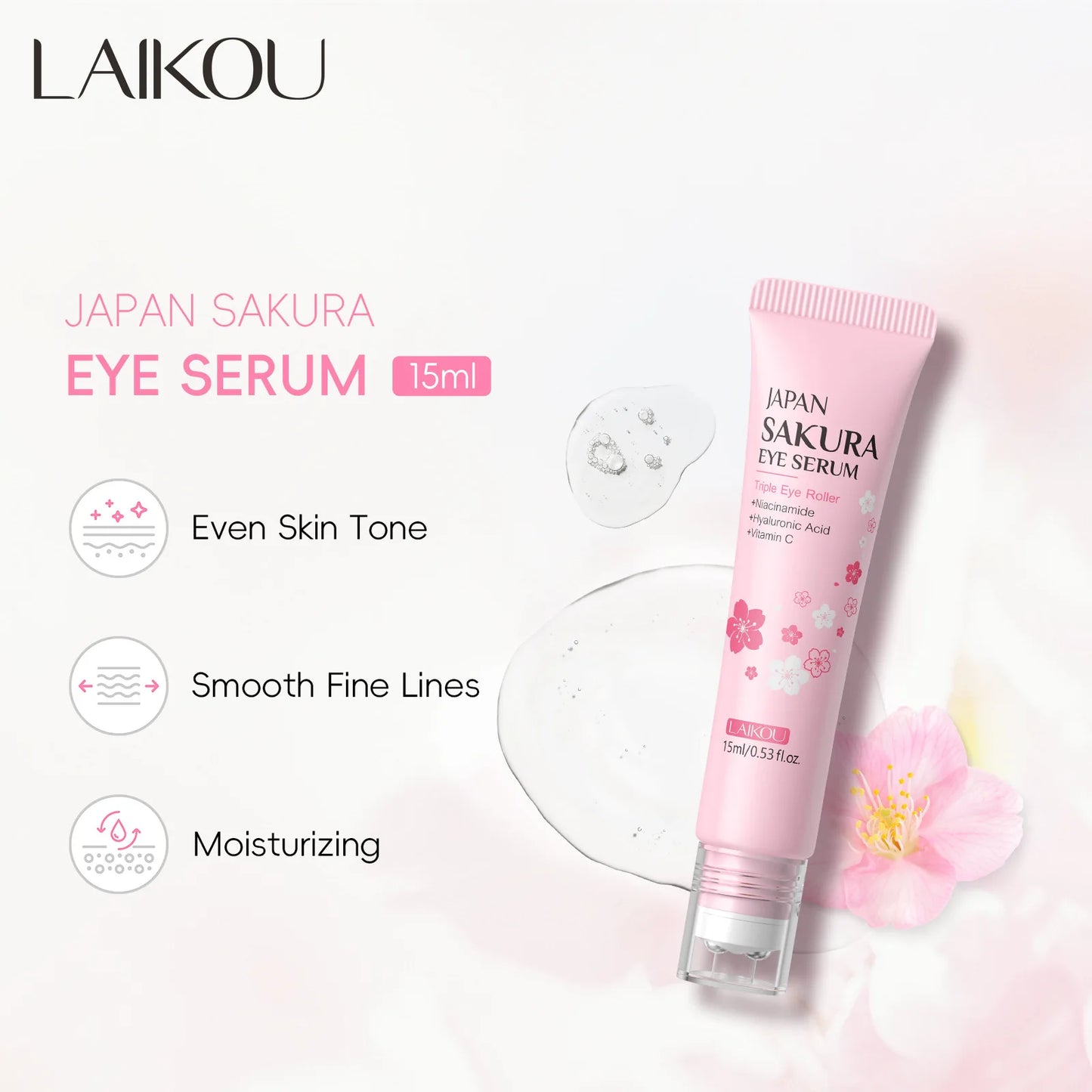 LAIKOU Sakura Eye Serum Roller - Hyaluronic Acid Dark Circle Treatment 15ml