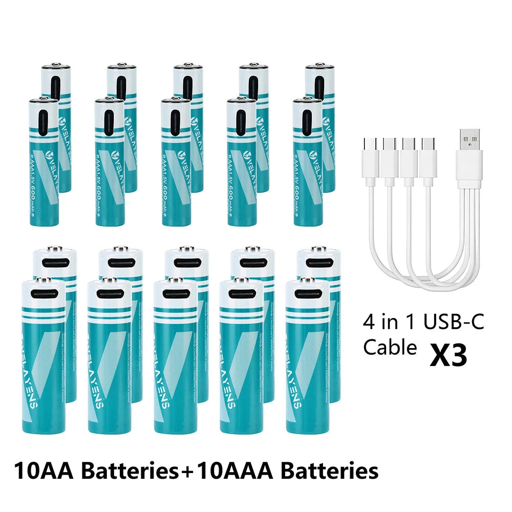 Rechargeable AA AAA Batteries with USB-C Fast Charging - 1200 Cycles Lithium-Ion Set
