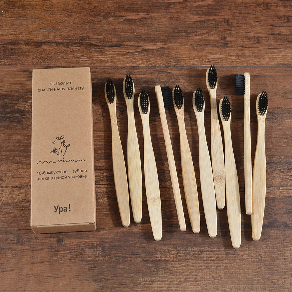 Bamboo Toothbrush Set - 10 Pack Eco-Friendly Soft Bristle