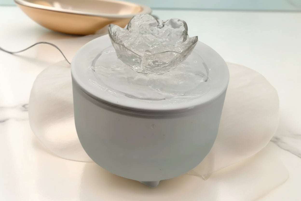 White ceramic incense burner with a decorative leaf on top, placed on a light surface.