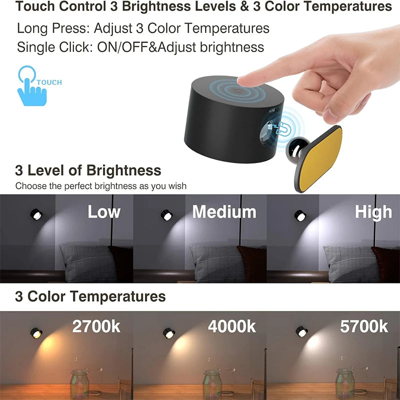 LED Wall Lamp - Touch Control & Remote, 360° Rotatable, USB Rechargeable Night Light
