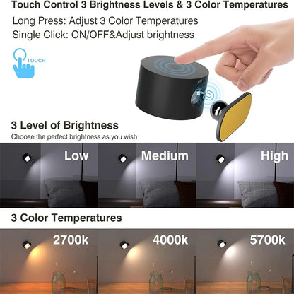 LED Wall Lamp - Touch Control & Remote, 360° Rotatable, USB Rechargeable Night Light