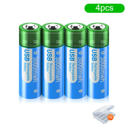 Rechargeable AA Batteries - USB Lithium Ion 1.5V 3000mWh with Charging Box