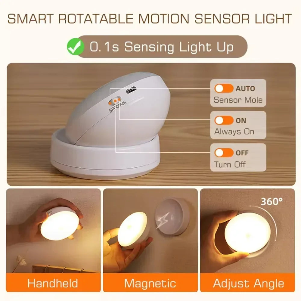 Motion Sensor Night Light - Rechargeable LED Lamp with 360° Rotating Magnetic Base
