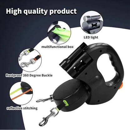 Double Dog Leash with Tangle-Free Swivel & LED Flashlight