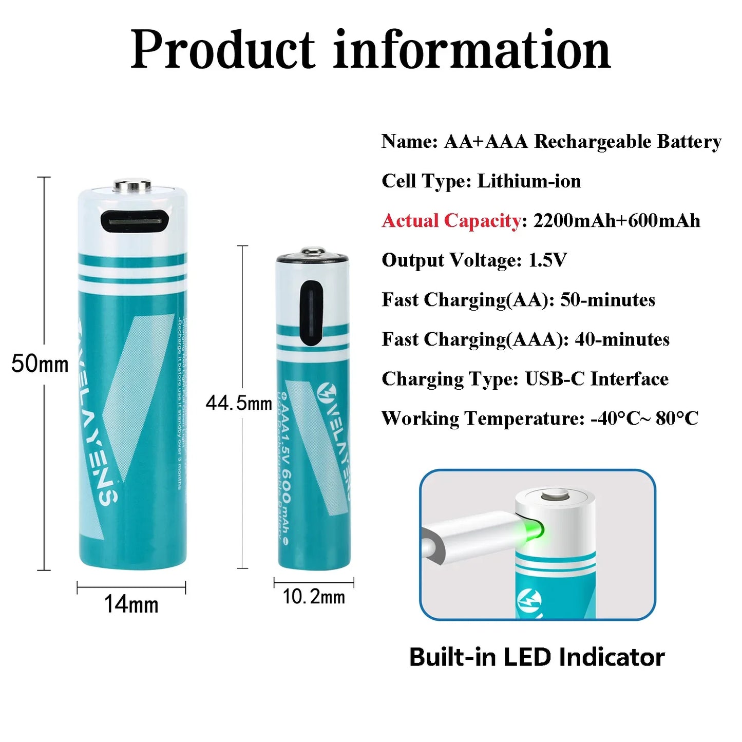 Rechargeable AA AAA Batteries with USB-C Fast Charging - 1200 Cycles Lithium-Ion Set
