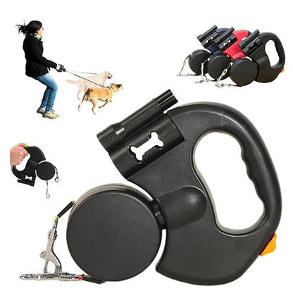 Double Dog Leash with Tangle-Free Swivel & LED Flashlight