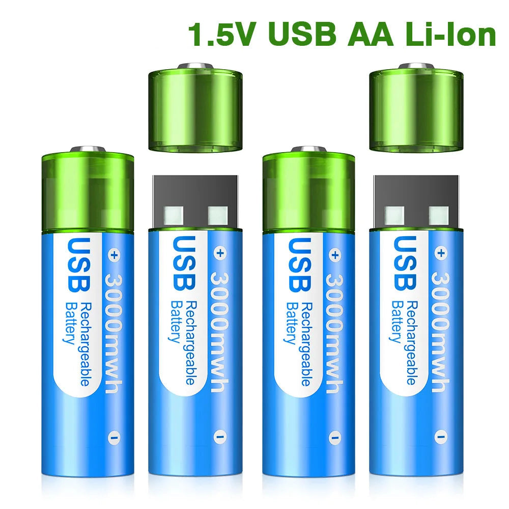 Rechargeable AA Batteries - USB Lithium Ion 1.5V 3000mWh with Charging Box