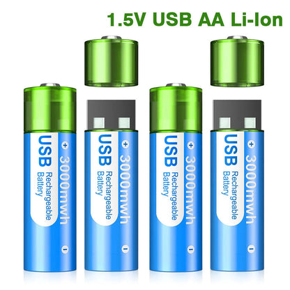 Rechargeable AA Batteries - USB Lithium Ion 1.5V 3000mWh with Charging Box