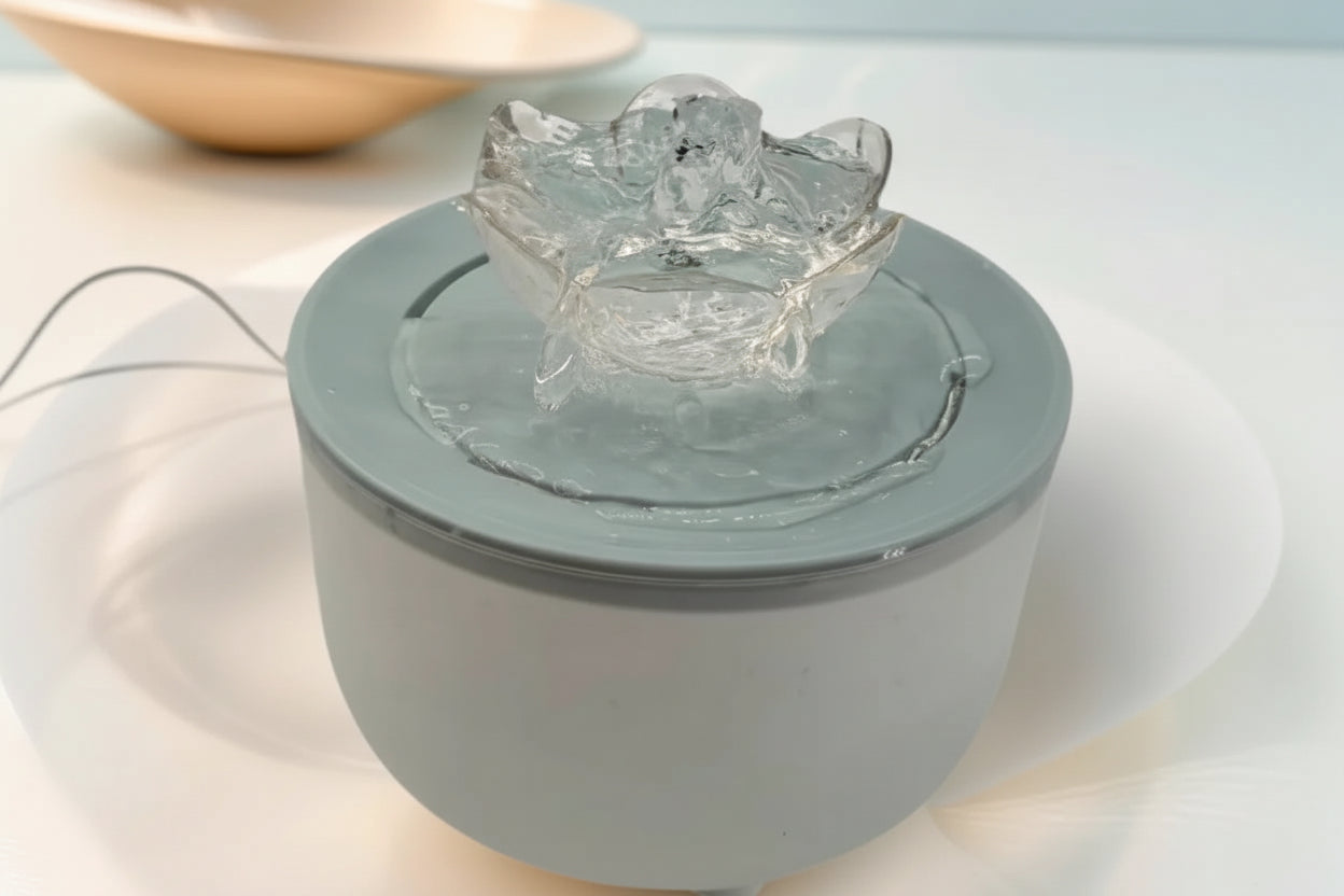 Small round gray electronic device with a clear crystal-like top on a light background