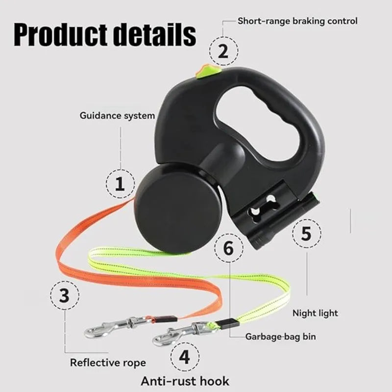 Double Dog Leash with Tangle-Free Swivel & LED Flashlight