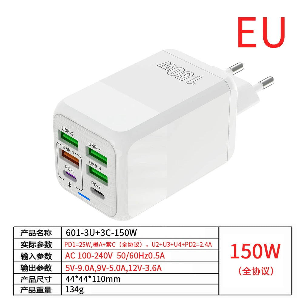 Fast Charger Wall Adapter - 150W, 6 Ports, USB C - TechSavvy