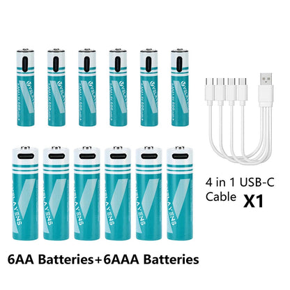 Rechargeable AA AAA Batteries with USB-C Fast Charging - 1200 Cycles Lithium-Ion Set