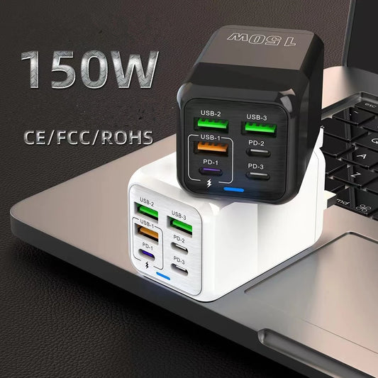 Fast Charger Wall Adapter - 150W, 6 Ports, USB C - TechSavvy