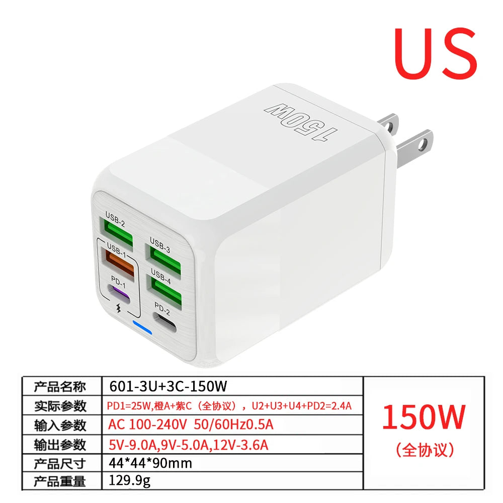 Fast Charger Wall Adapter - 150W, 6 Ports, USB C - TechSavvy