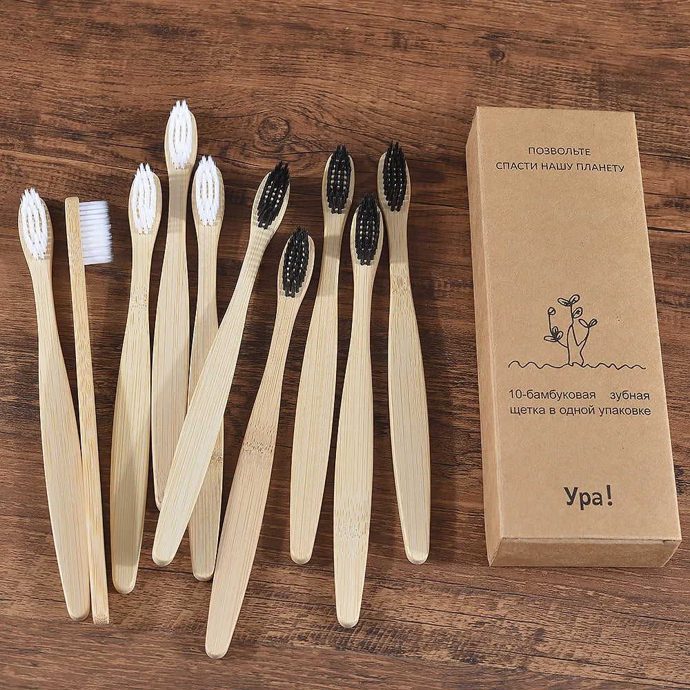 Bamboo Toothbrush Set - 10 Pack Eco-Friendly Soft Bristle
