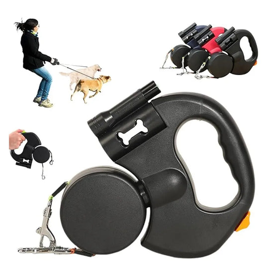 Double Dog Leash with Tangle-Free Swivel & LED Flashlight